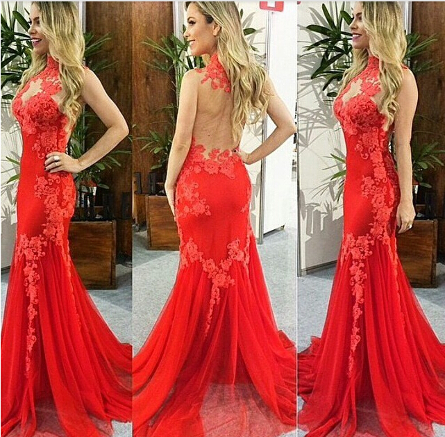 Prom Dress High Neck Red Prom Dresses, Lace Prom Dress ,2016 Evening
