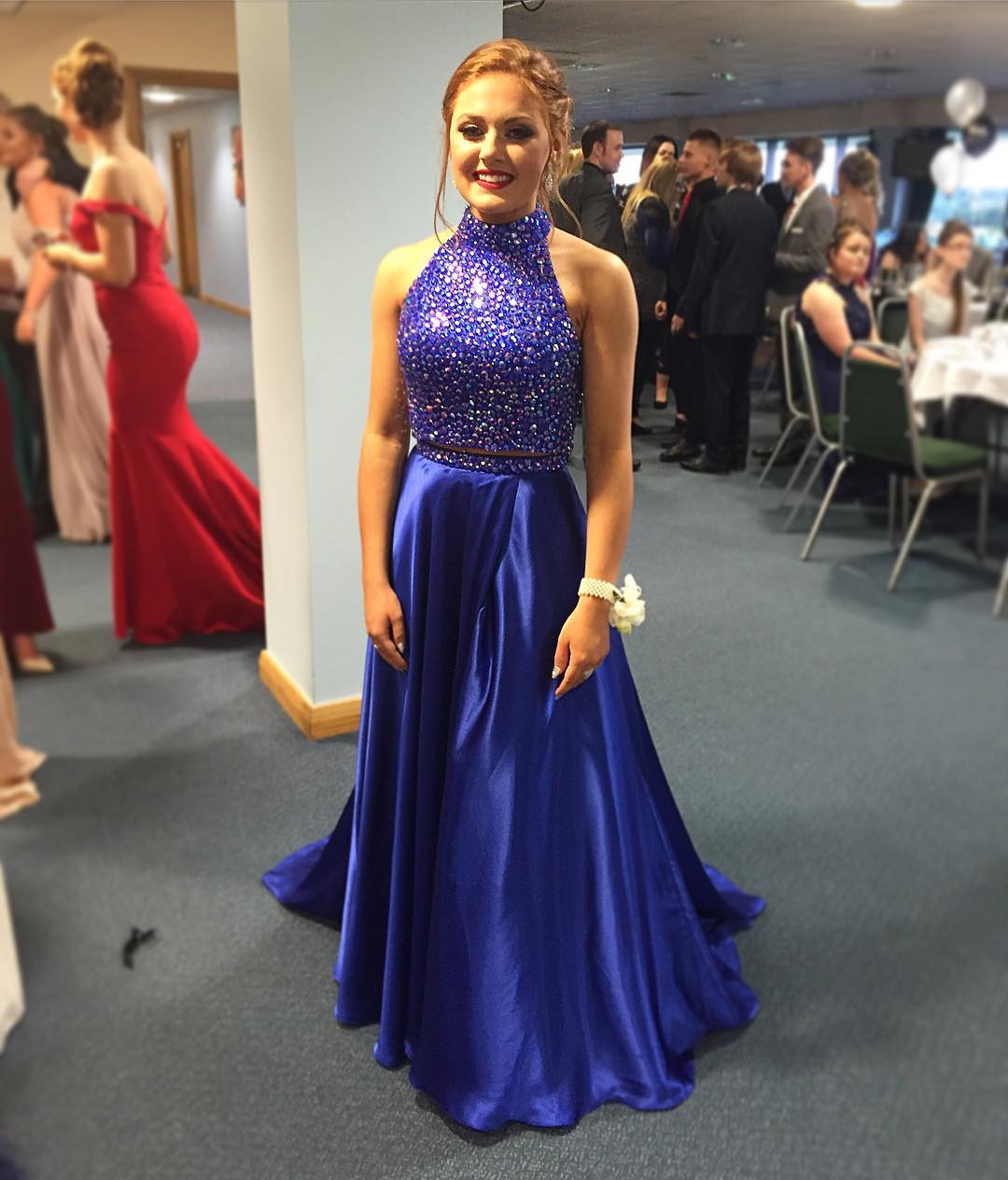 Royal Blue Prom Dresses,2 Piece Prom Gown,Two Piece Prom Dresses,Satin